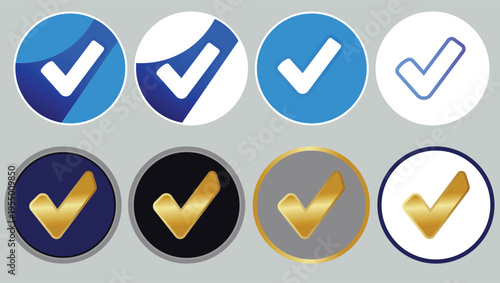 Vector illustration of an abstract blue background set with glossy round web buttons featuring a green check mark and a right arrow symbol for an internet design sign