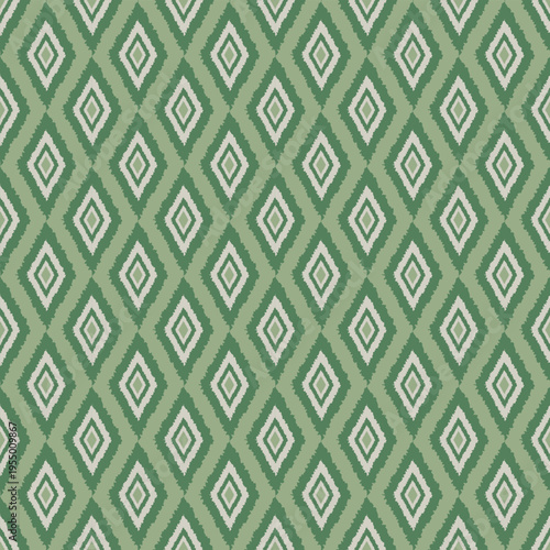 High-quality seamless vector pattern with a soft sage green tribal ikat diamond motif. Sustainable-inspired design for wellness branding and interior backgrounds