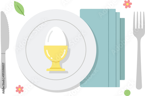 A perfectly presented soft-boiled egg served upright in a yellow egg cup centered on a white plate with cutlery and a cloth napkin.