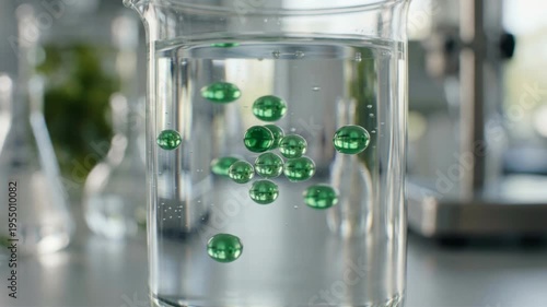 Wallpaper Mural Eco solvents green chemistry beaker droplet liquid laboratory eco friendly sustainable lab experiment with suspended green droplets creating calm Torontodigital.ca