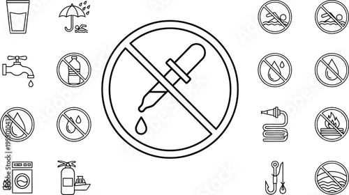 No liquid and cautionary symbols set, outline style, a monochrome set of