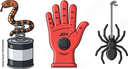 A collection of classic novelty toys including a spring-loaded snake, a sound-activated clapping hand, and a hanging plastic spider.