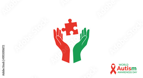 Autism awareness symbol with hands puzzle.