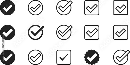 Array of Check Mark and Verification Symbols in Different Designs tick verified