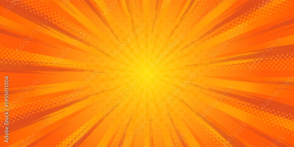 Obraz premium Dynamic anime explosion background with radial comic speed lines and halftone dots - bright burst effect radiating from center for manga panels, action scenes, superhero graphics or retro pop art.