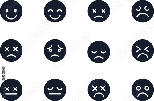 Assortment of happy and sad emoji faces with closed eyes and crossed out eyes wink
