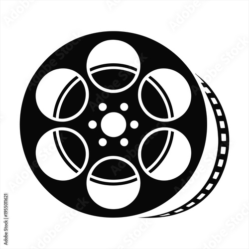 A simple black and white graphic icon depicts a six-spoked film reel with celluloid wrapping around the side.
