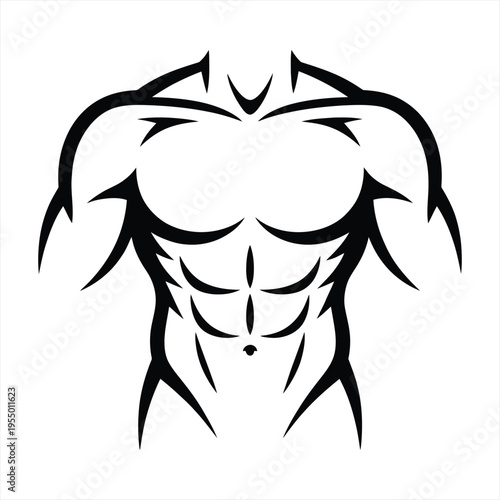 Torso silhouette displays a muscular human physique with stylized tribal lines to emphasize strength and fitness.