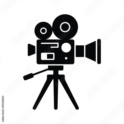 Vintage film camera on a tripod stands as a black silhouette icon, symbolizing filmmaking, video production, and classic cinematography equipment.