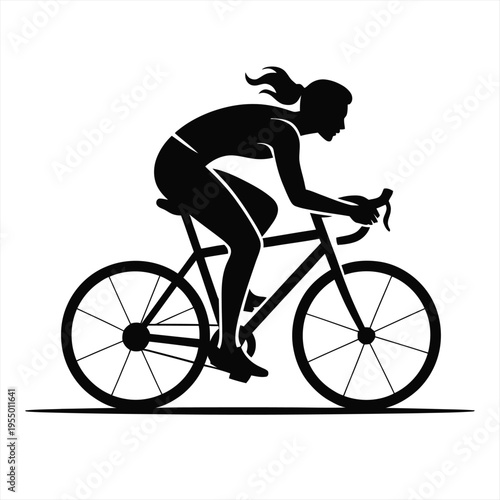Female cyclist silhouette rides a racing bicycle with determination on a white background, representing sports, fitness, and active lifestyle.