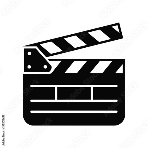 Clapperboard icon, rendered in black silhouette against a clean white background, serves as a universal symbol for film production, movie making, and video editing processes.