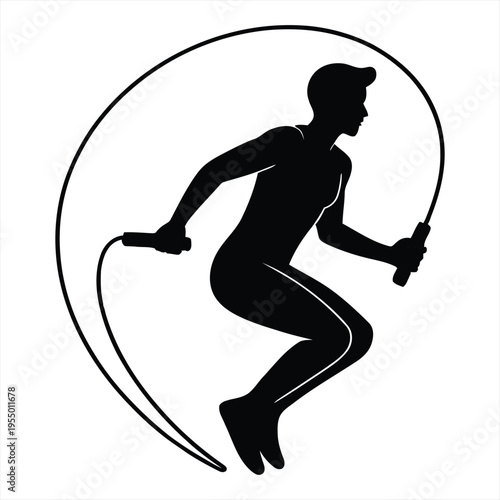 A dynamic black silhouette shows an athletic person actively jumping rope, suggesting fitness and cardiovascular exercise.