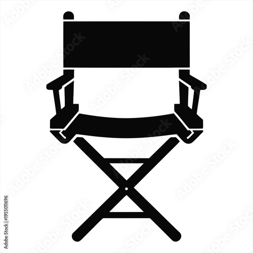 A black silhouette icon represents a foldable director's chair with a solid backrest and seat, isolated on a white background.