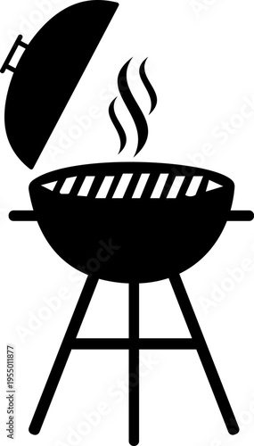 BBQ grill icon with barbecue equipment, charcoal grill, cooking tools and outdoor grilling symbols, barbecue food preparation icons in solid and outline style vector isolated on transparent background