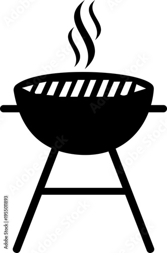 BBQ grill icon with barbecue equipment, charcoal grill, cooking tools and outdoor grilling symbols, barbecue food preparation icons in solid and outline style vector isolated on transparent background