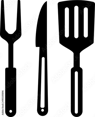 Black kitchen utensil icon fork knife spatula cooking tools symbols, flat and line style vector, cutlery equipment icons, food preparation utensils pack