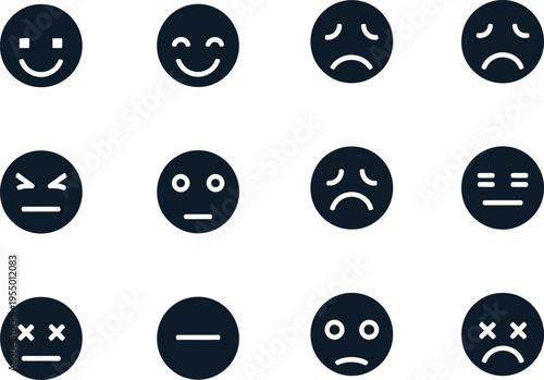 Set of 12 Dark Blue Emoji Icons Representing Various Emotions Keywords: emoji, emoticon, face, icon, symbol, emotion, expression, happy, sad