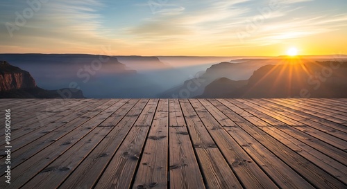 Wooden deck overlooking Grand Canyon at sunrise