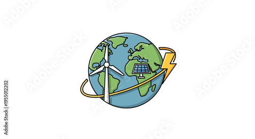 Earth with renewable energy symbols.