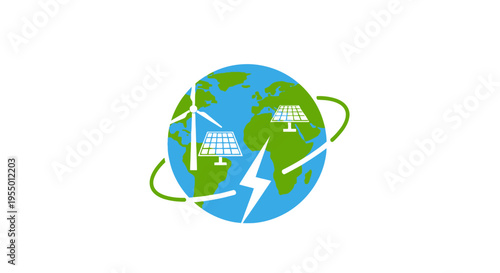 Earth with renewable energy symbols.