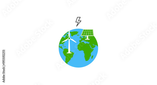 Earth with renewable energy symbols.