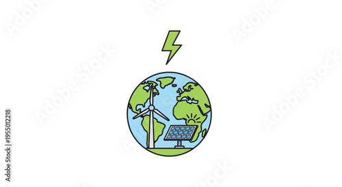 Earth with solar panel and wind turbine.
