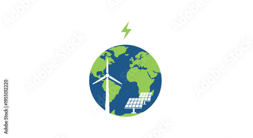 Earth with renewable energy symbols.