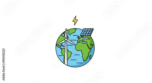 Earth with solar panel and wind turbine.