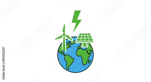 Earth with solar panel and wind turbine.