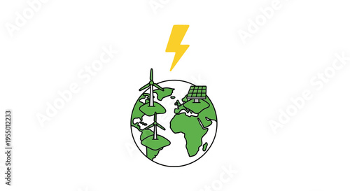 Earth with solar panel and wind turbine.