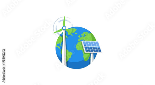 Earth with solar panel and wind turbine.