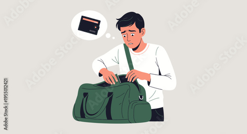 Man searches through green duffel bag with worried expression