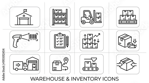 A flat lay of black and white warehouse and inventory icons on a clean white background with a minimalist style.