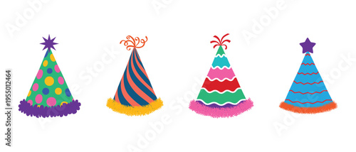 Birthday party cones, festive hats with polka dots and swirls, vector illustration.