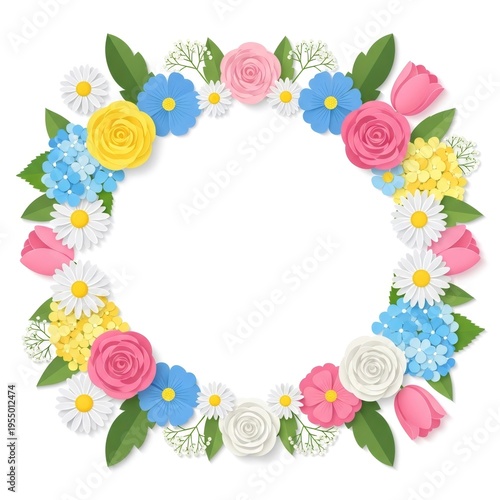 Colorful paper flower wreath with floral garland. Decorative frame made of handmade blossoms and green leaves. Botanical composition for korean beauty and eco cosmetic design concept.
