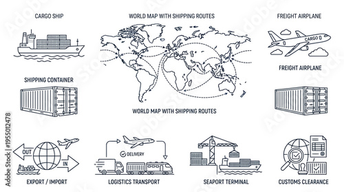 Flat lay illustration of various international shipping and logistics icons on a white background with a world map.
