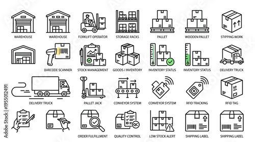 A collection of black line icons depicting various business and industry concepts on a white background.