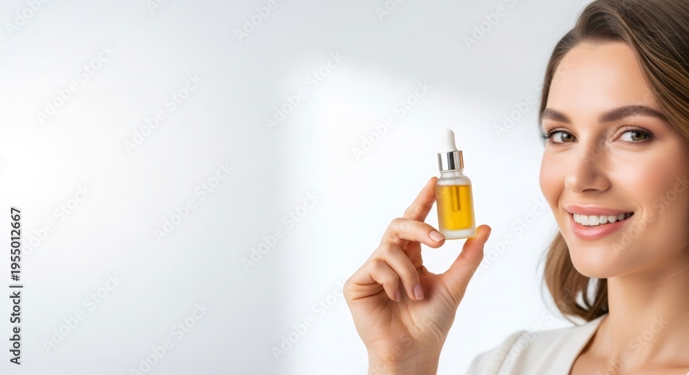 Fototapeta premium Woman holding bottle of serum for skin care. Young girl presenting cosmetic beauty product. Organic liquid oil for face and youthful look. Natural Korean beauty and wellness concept.