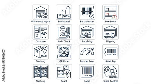 Flat lay of various logistics and supply chain management icons on a clean white background with a professional and organized mood.