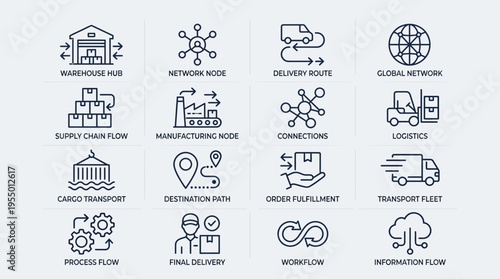 Flat lay of various logistics and supply chain management icons on a clean white background with a professional and organized mood.