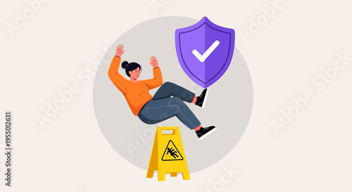 A person falls while a shield protects them from a caution sign