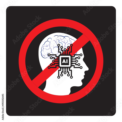 No AI (artificial intelligence) prohibition symbol. AI generated not allowed illustration icon Isolated on Black background.AI generated content isn't allowed sign