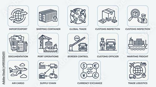 Flat lay of six blue icons depicting various packaging and shipping processes on a white background with a minimalist style.