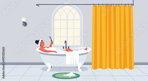 A woman relaxes in a bathtub with a book in a bathroom with a yellow shower curtain.