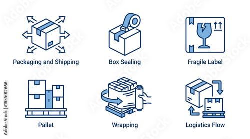 Flat lay of six blue icons depicting various packaging and shipping processes on a white background with a minimalist style.