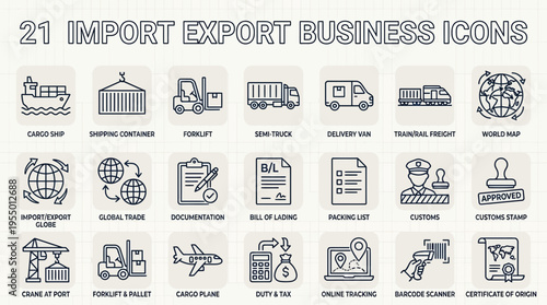 Flat lay of 21 import export business icons on a light background, showcasing various symbols related to international trade and commerce.
