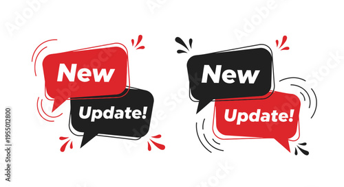 Vibrant speech bubbles announce updates with dynamic graphics and bold text