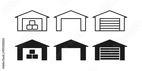 Cargo storage facility, goods stockpiling, industrial depot in outline and solid silhouette styles, warehouse open boxes inside, open door, and roller shutter door. Flat vector illustration, delivery,