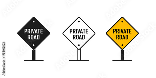 Road access restriction, private property warning, no entry notice in black, outline, and yellow colored styles, flat vector illustration