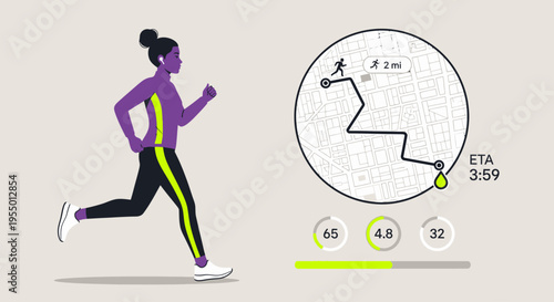 A woman runs on a path with a map and statistics on the side